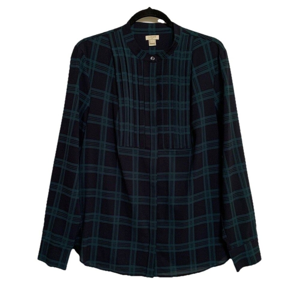 J.Crew Factory Womens Size Large Top Navy Green Plaid Pleated Front Button
